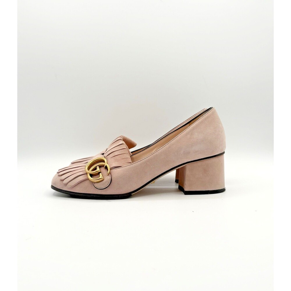 Gucci Pink Suede Fringe Marmont GG Logo Block Heel Low Heel Pumps Size EU 37 - Picture 4 of 14